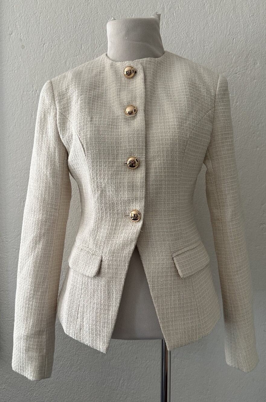 NWT Commense Cream Tweed Blazer Gold Button Sz Sm Jacket Quiet Luxury Tailored
